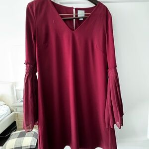 CeCe Wine Red V-Neck Long Sleeve Dress with Pleated Bell Sleeves